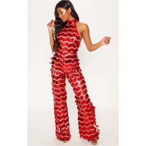Red Sequin Highneck Jumpsuit